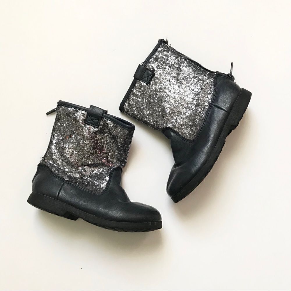 Glitter and blue leather little girl zipper boots